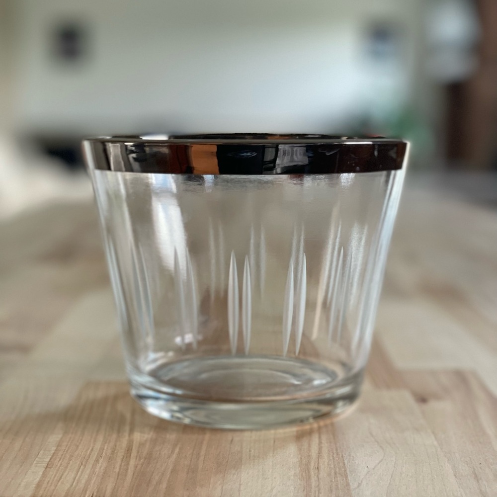Vintage Mid-Century Modern Small Ice Bucket Barware Glass Cut Silver Rim
